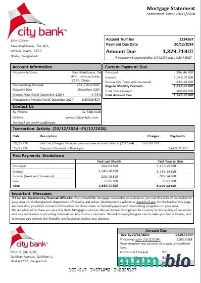 Bangladesz Bank City wyciąg z kredytu hipotecznego szablon Word i PDF